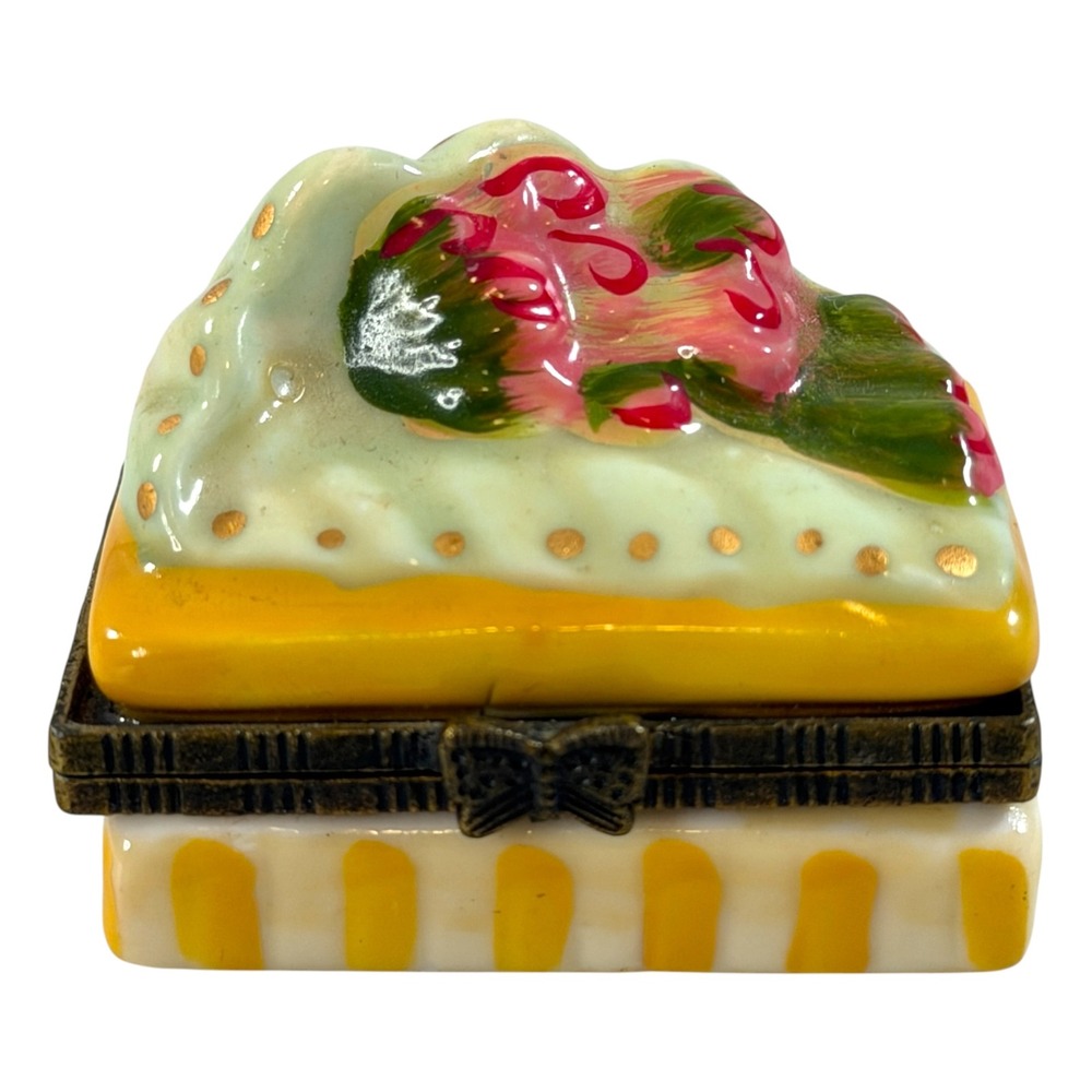 Vintage Hand Painted Porcelain Floral Trinket Box Yellow Striped Butterfly Clasp